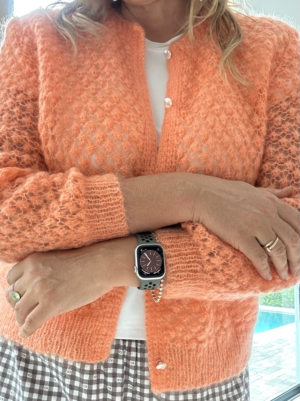 Textured Orange Pearl-Button Knit Cardigan - Picture 2 of 7